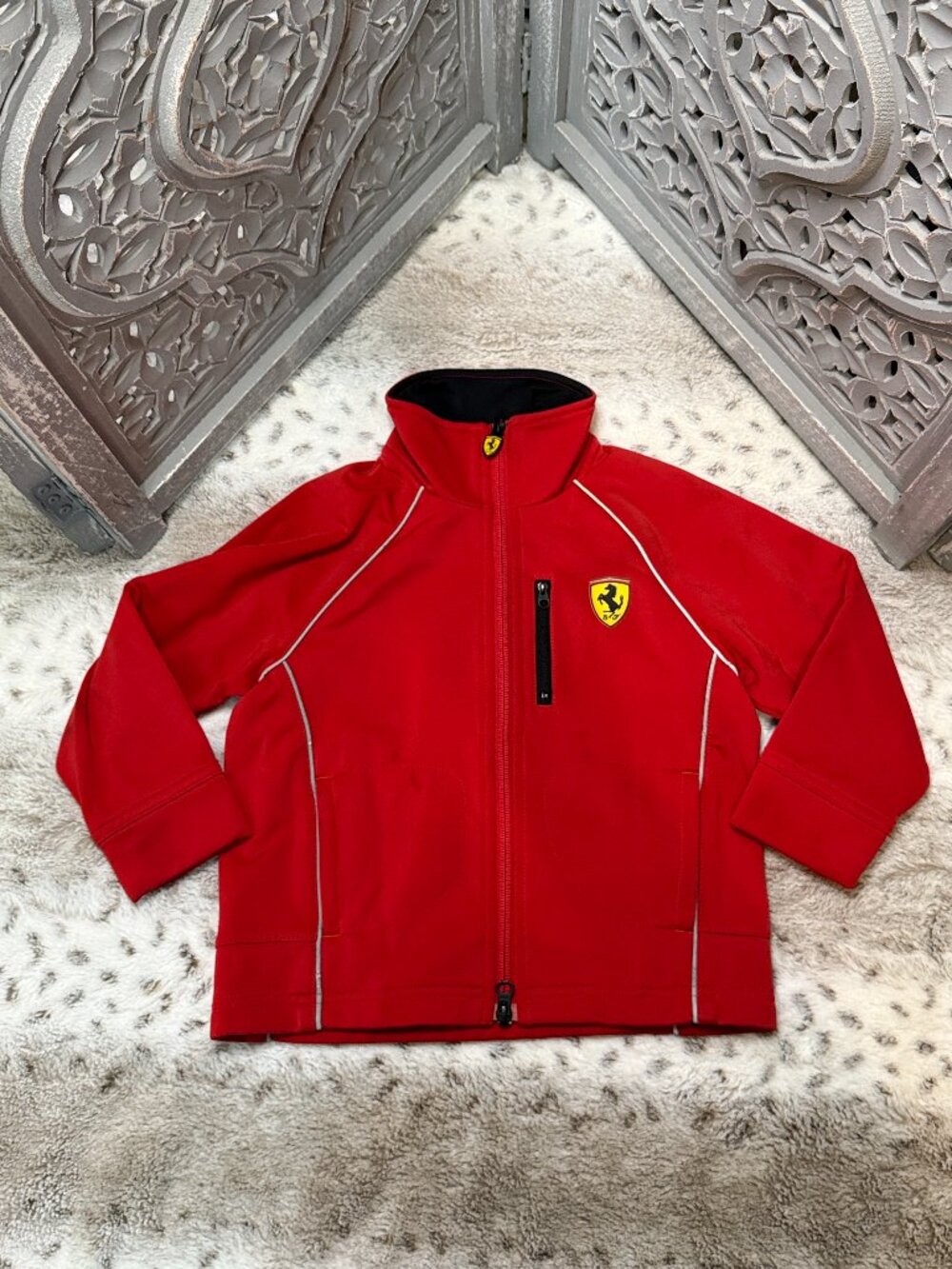 Ferrari red zip up jacket boys 3T quiet luxury old money designer cars preschool